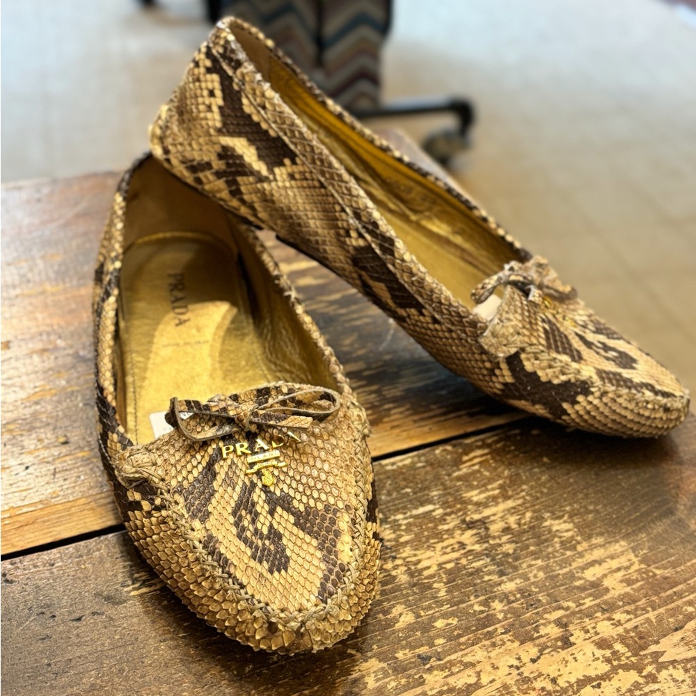 Prada Python Loafers Snakeskin Bow Gold Logo